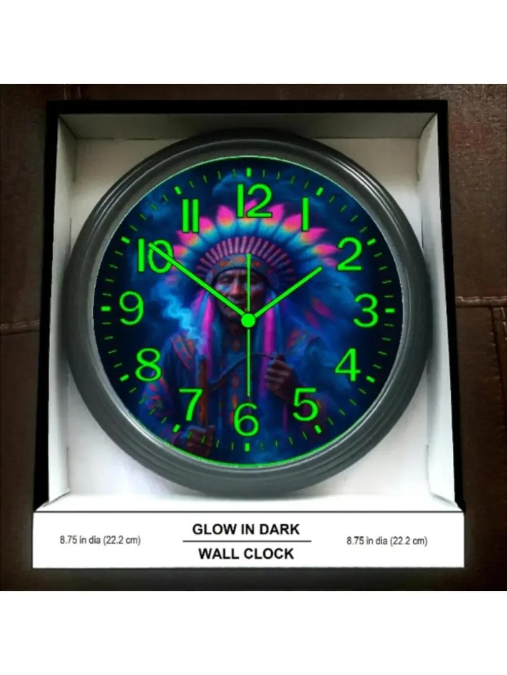 Native American Black Light Spiritual Glow In The Dark Wall Clock New!